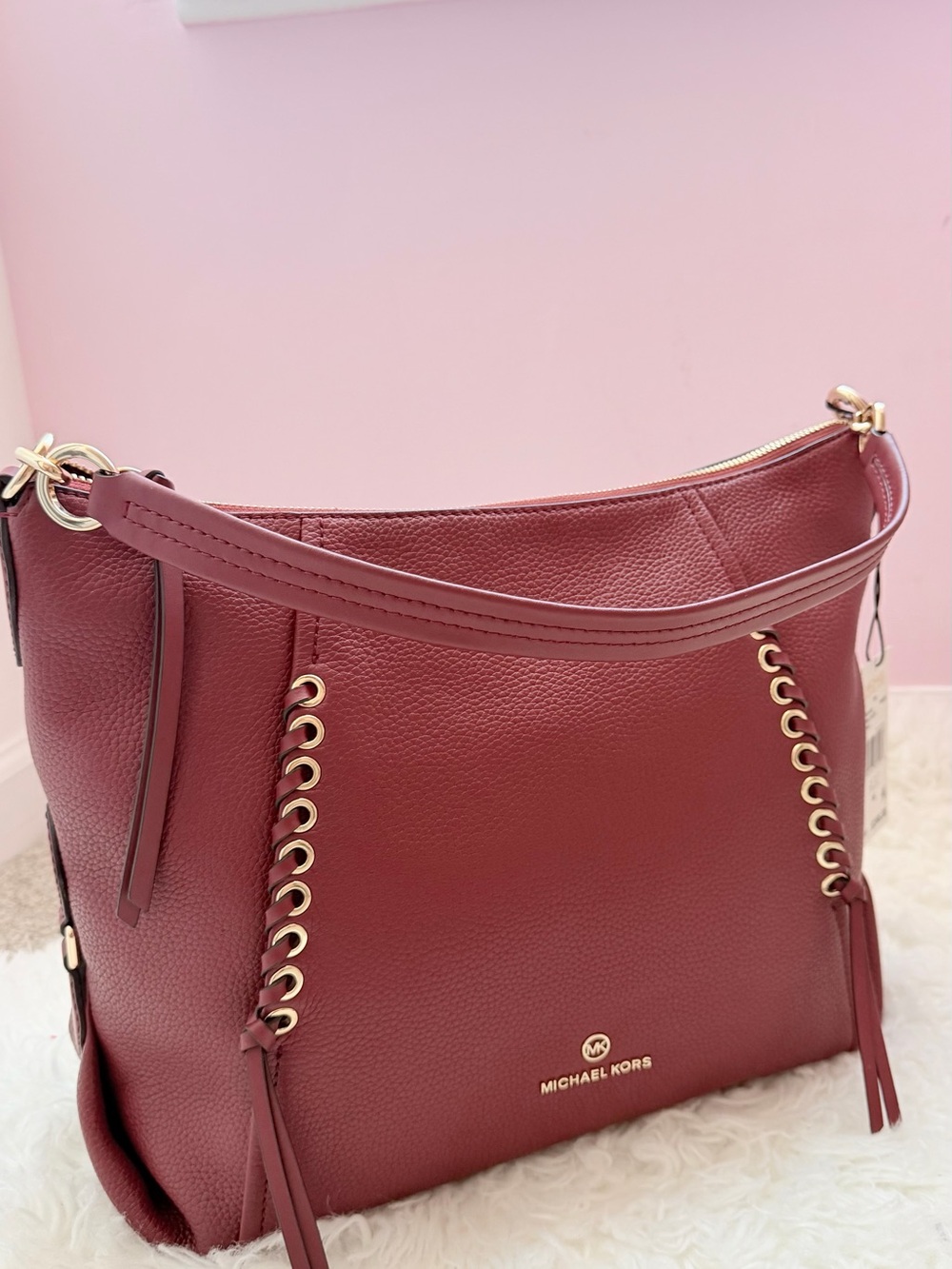 Michael Kors Pebbled Burgundy Leather Shoulder Bag with Gold Hardware